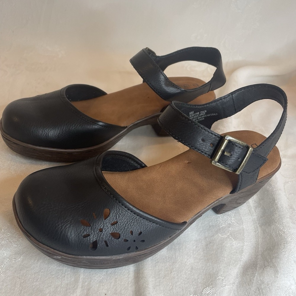 B.O.C. Mary Jane Clog Sandals Size 8 Shoes Black Buckle Ankle Strap 2" Heel